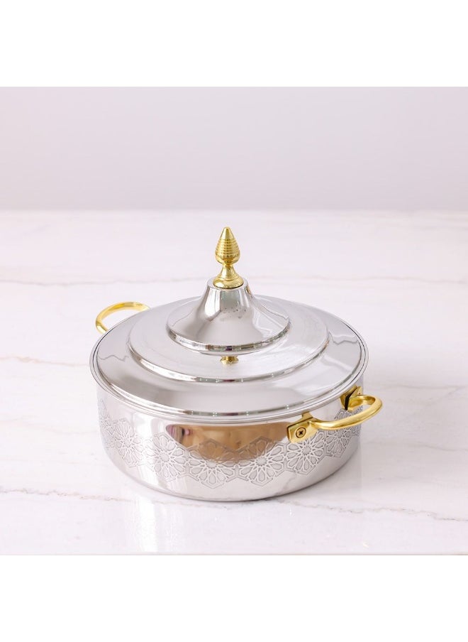 Nomaris Hot Pot with Etching Work, Gold & Shiny Polished, 4500 ml – Elegant, Durable, Luxury Serving Pot, Perfect for Family Meals, Festive Occasions & Special Events 34x34x15CM