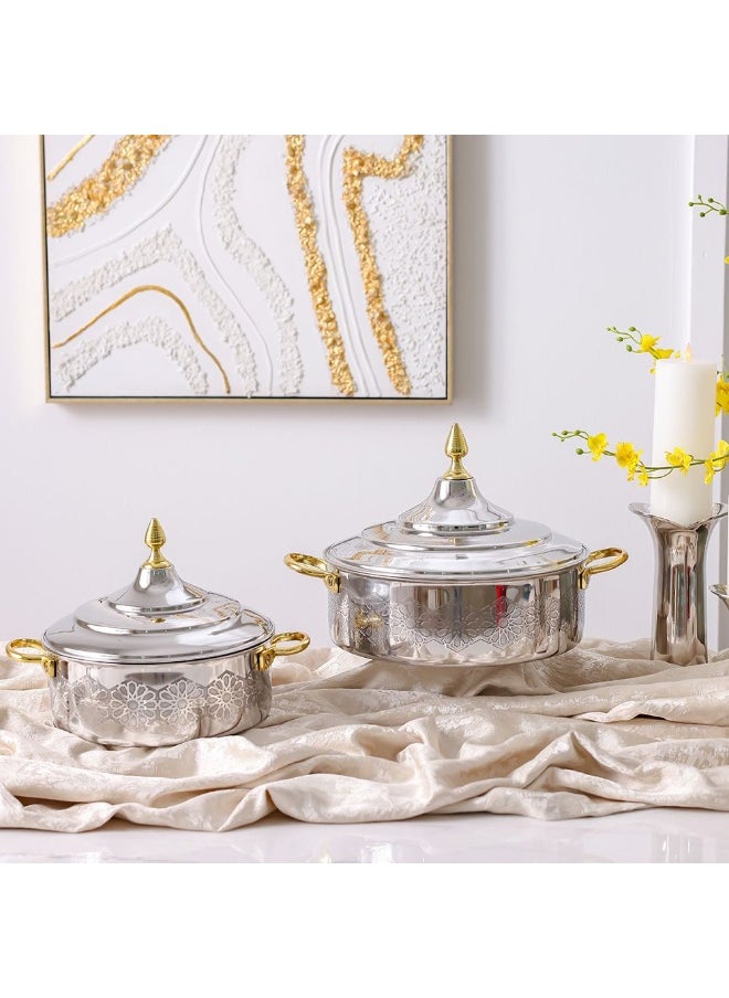 Nomaris Hot Pot with Etching Work, Gold & Shiny Polished, 4500 ml – Elegant, Durable, Luxury Serving Pot, Perfect for Family Meals, Festive Occasions & Special Events 34x34x15CM