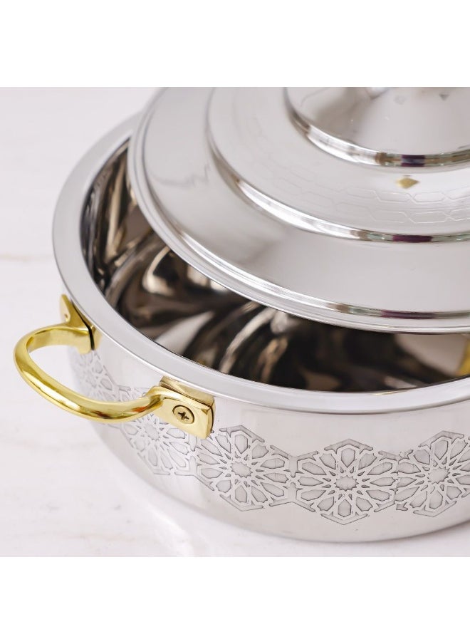 Nomaris Hot Pot with Etching Work, Gold & Shiny Polished, 4500 ml – Elegant, Durable, Luxury Serving Pot, Perfect for Family Meals, Festive Occasions & Special Events 34x34x15CM