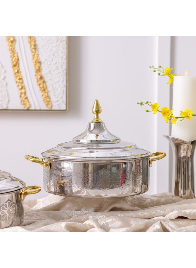 Nomaris Hot Pot with Etching Work, Gold & Shiny Polished, 4500 ml – Elegant, Durable, Luxury Serving Pot, Perfect for Family Meals, Festive Occasions & Special Events 34x34x15CM