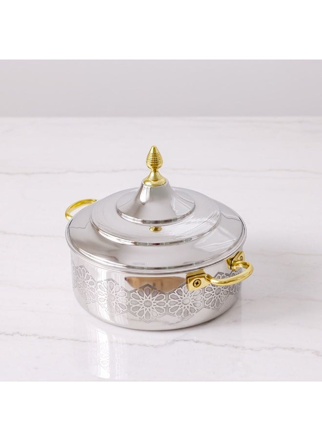 Nomaris Hot Pot with Etching Work, Gold & Shiny Polished, 2500 ml – Elegant & Durable Luxury Serving Pot for Family Meals, Special Occasions & Festive Dining 28x28x14CM