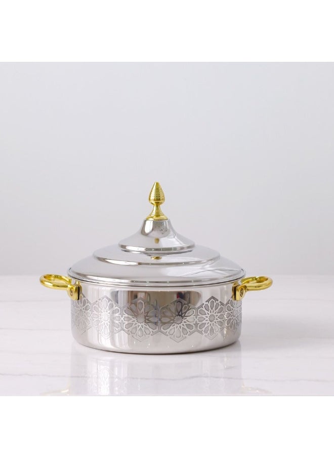 Nomaris Hot Pot with Etching Work, Gold & Shiny Polished, 2500 ml – Elegant & Durable Luxury Serving Pot for Family Meals, Special Occasions & Festive Dining 28x28x14CM