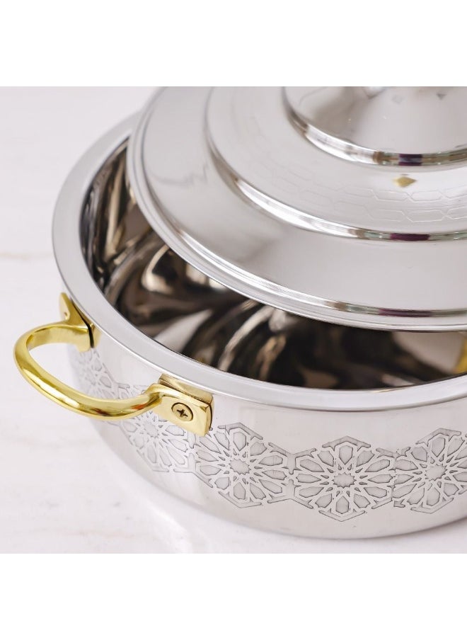 Nomaris Hot Pot with Etching Work, Gold & Shiny Polished, 2500 ml – Elegant & Durable Luxury Serving Pot for Family Meals, Special Occasions & Festive Dining 28x28x14CM