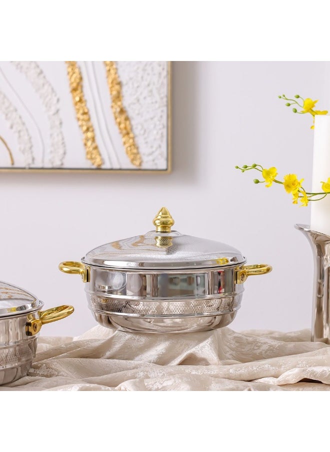 Nomaris Hot Pot with Etching Work, Gold & Shiny Polished, 2500 ml – Elegant Luxury Serving Pot, Durable & Stylish Design for Family Meals, Special Occasions & Festive Dining 28x28x14CM