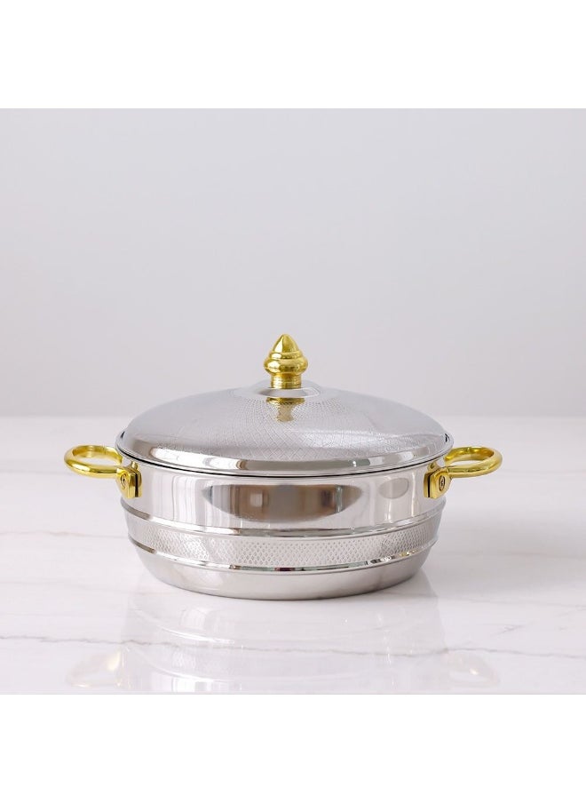 Nomaris Hot Pot with Etching Work, Gold & Shiny Polished, 2500 ml – Elegant Luxury Serving Pot, Durable & Stylish Design for Family Meals, Special Occasions & Festive Dining 28x28x14CM