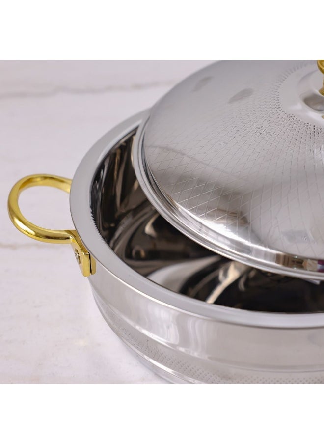 Nomaris Hot Pot with Etching Work, Gold & Shiny Polished, 4500 ml – Elegant Luxury Serving Pot, Durable, Stylish Design for Family Meals, Special Occasions & Festive Dining 34x34x15CM