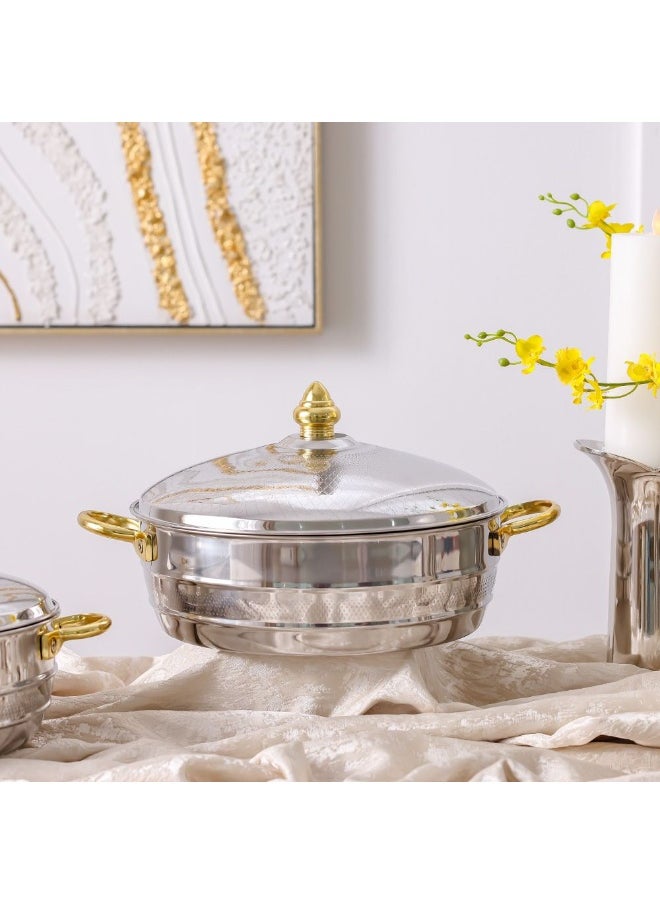 Nomaris Hot Pot with Etching Work, Gold & Shiny Polished, 4500 ml – Elegant Luxury Serving Pot, Durable, Stylish Design for Family Meals, Special Occasions & Festive Dining 34x34x15CM
