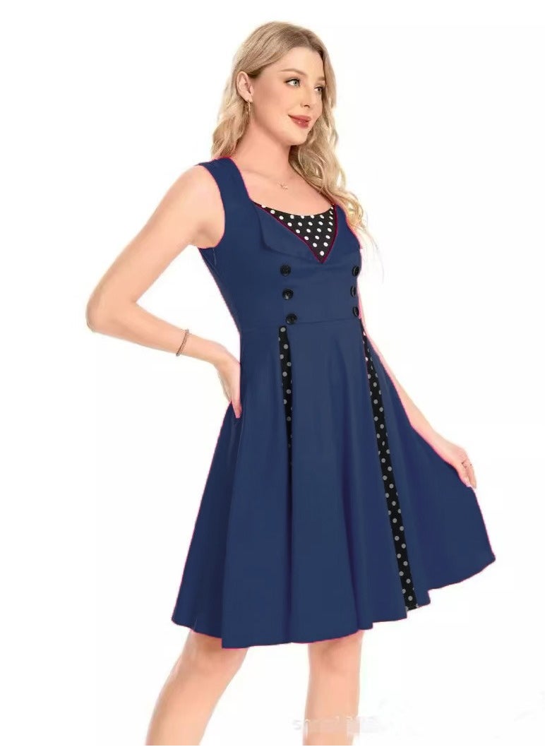 Elegant Retro Women's Dress - Polka Dot Sleeveless Wrap Waist Flared Swing Dress A-Line Mid-Length Summer Dress for Women