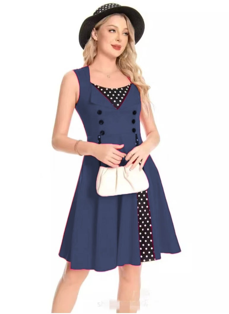 Elegant Retro Women's Dress - Polka Dot Sleeveless Wrap Waist Flared Swing Dress A-Line Mid-Length Summer Dress for Women