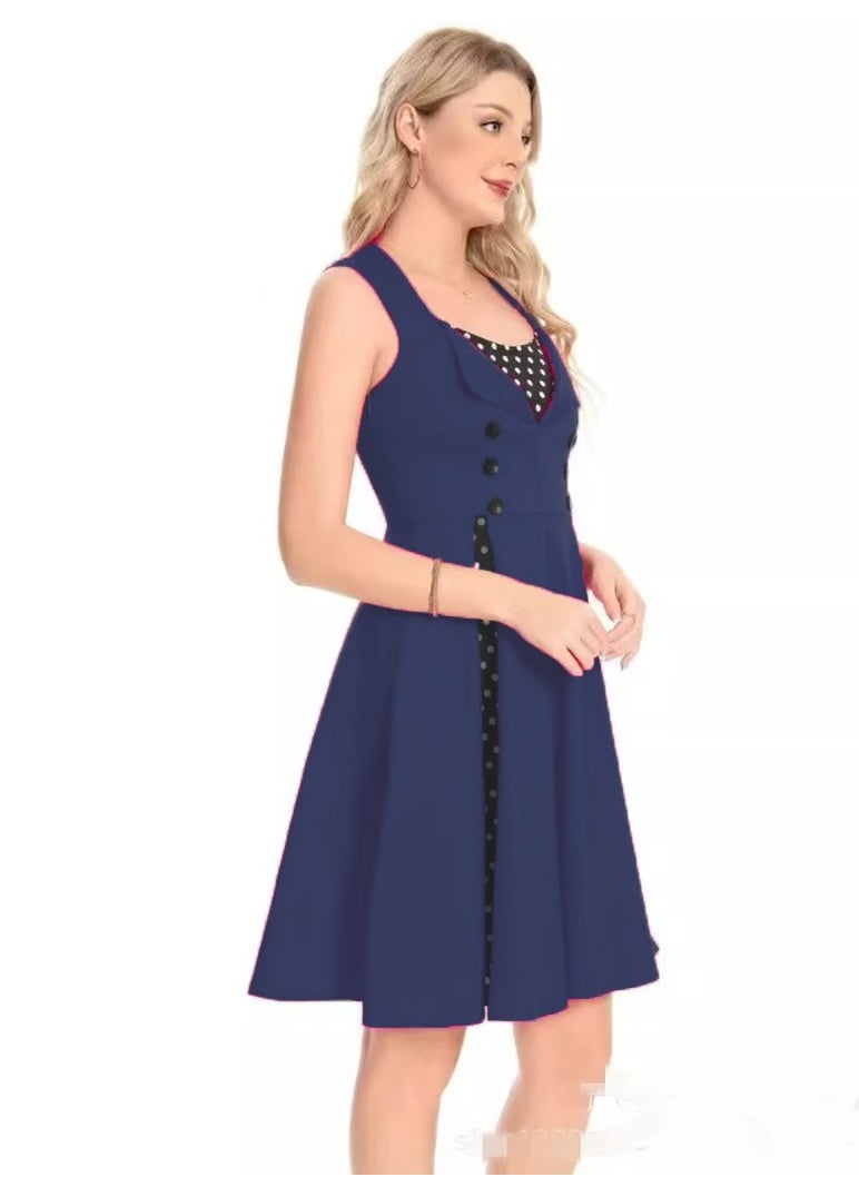 Elegant Retro Women's Dress - Polka Dot Sleeveless Wrap Waist Flared Swing Dress A-Line Mid-Length Summer Dress for Women
