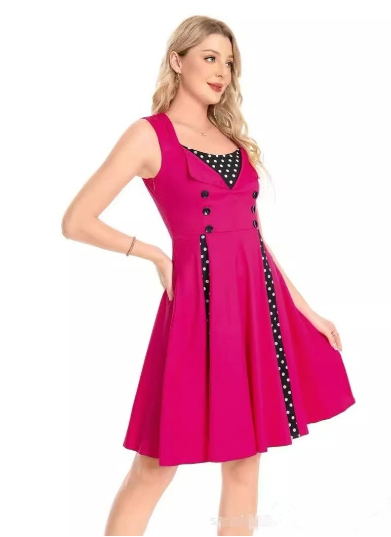 Elegant Retro Women's Dress - Polka Dot Sleeveless Wrap Waist Flared Swing Dress A-Line Mid-Length Summer Dress for Women