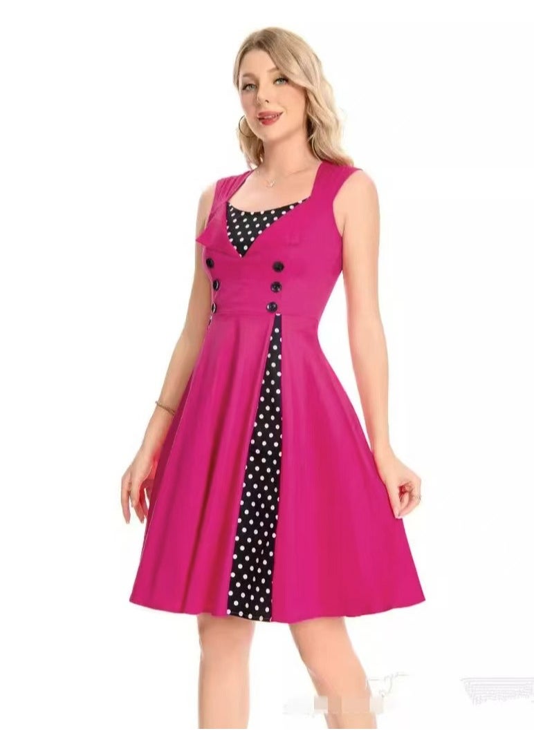 Elegant Retro Women's Dress - Polka Dot Sleeveless Wrap Waist Flared Swing Dress A-Line Mid-Length Summer Dress for Women