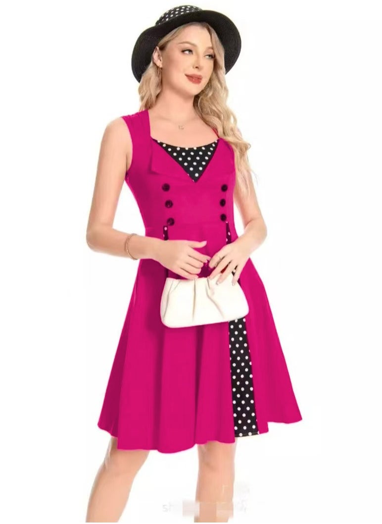 Elegant Retro Women's Dress - Polka Dot Sleeveless Wrap Waist Flared Swing Dress A-Line Mid-Length Summer Dress for Women