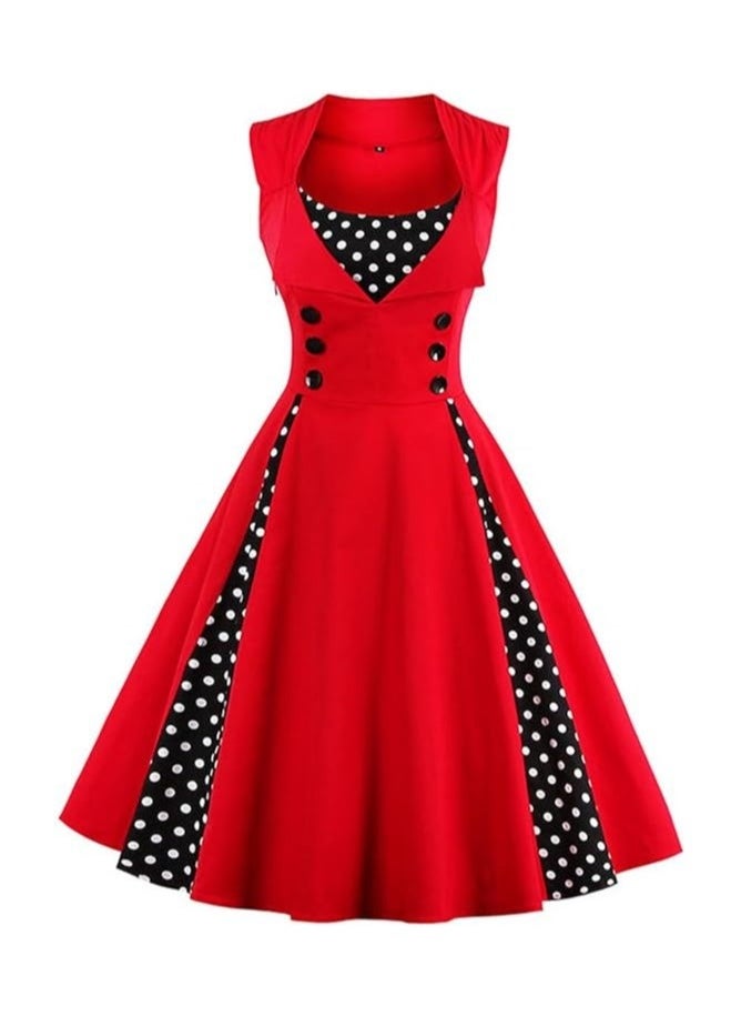 Elegant Retro Women's Dress - Red Polka Dot Sleeveless Wrap Waist Flared Swing Dress A-Line Mid-Length Summer Dress for Women