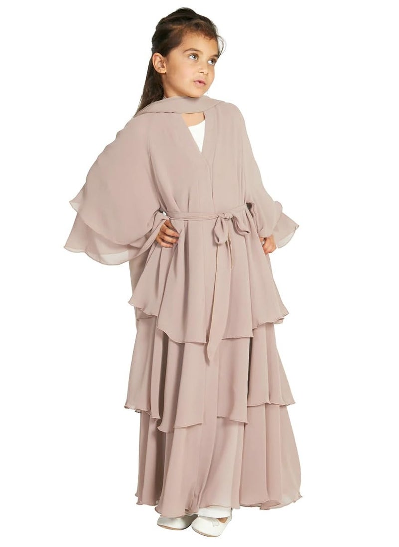 Muslim Abayas Dress for Kids Girls, Long Sleeve Chiffon Islamic Kaftan Robe Open Front Cardigan Prayer Dress for 11-12Y Girls Light Khaki