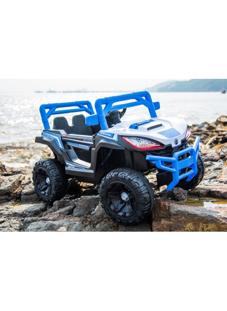 12V Kids Ride-On Off-Road Jeep | Battery-Powered Electric Car with Remote Control, LED Lights, Music Player & Dual Seat | Durable Kids SUV for Boys & Girls (Blue)
