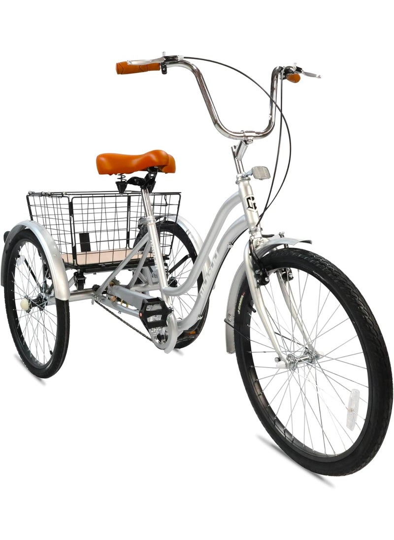 Mogoo Hauler Adult Tricycle With Basket - Silver, 24 Inches