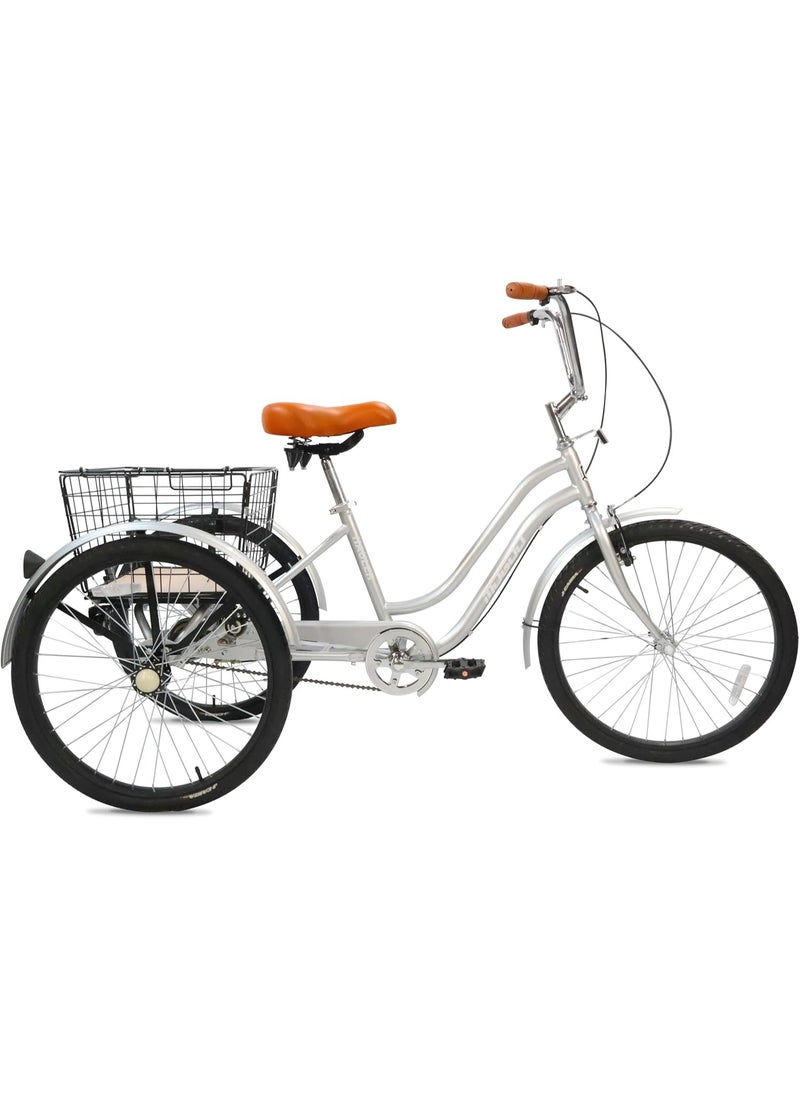 Mogoo Hauler Adult Tricycle With Basket - Silver, 24 Inches