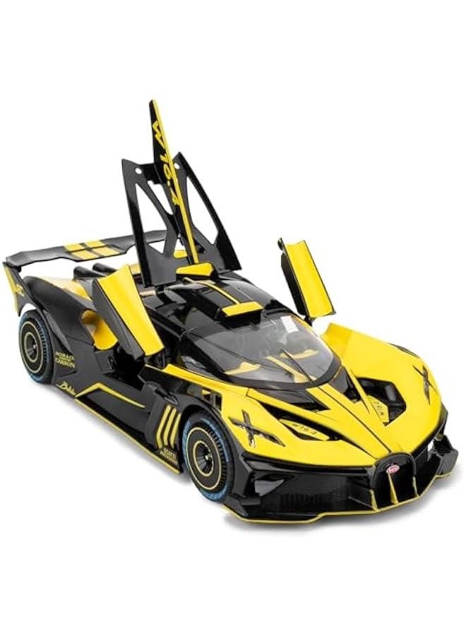 1/24 Scale Bugatti Bolide Alloy Toy Car, Sound and Light Pull Back Collection 4 Doors Opend Toy Vehicles for Kids Gift Yellow