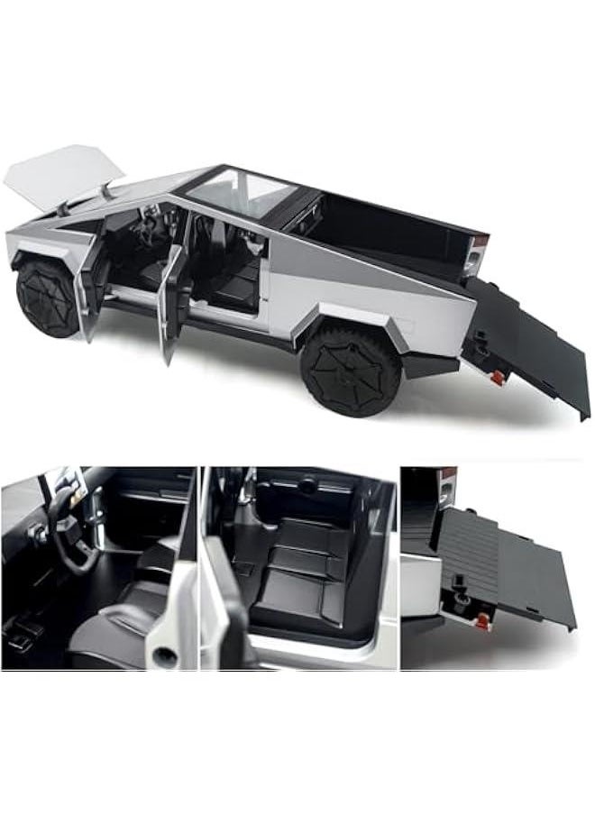 Cybertruck Model: 1/24 Diecast Metal Toy Trucks with Lights and Sounds, Mini Vehicles Toys for Boys, Ages 3 and Up (Silver)