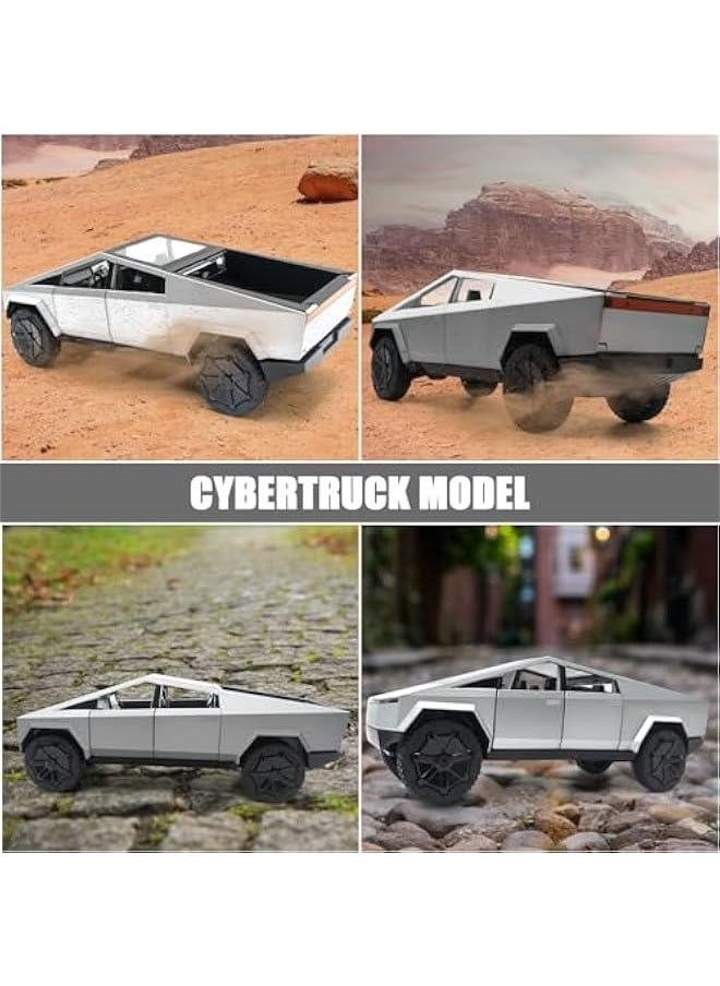 Cybertruck Model: 1/24 Diecast Metal Toy Trucks with Lights and Sounds, Mini Vehicles Toys for Boys, Ages 3 and Up (Silver)