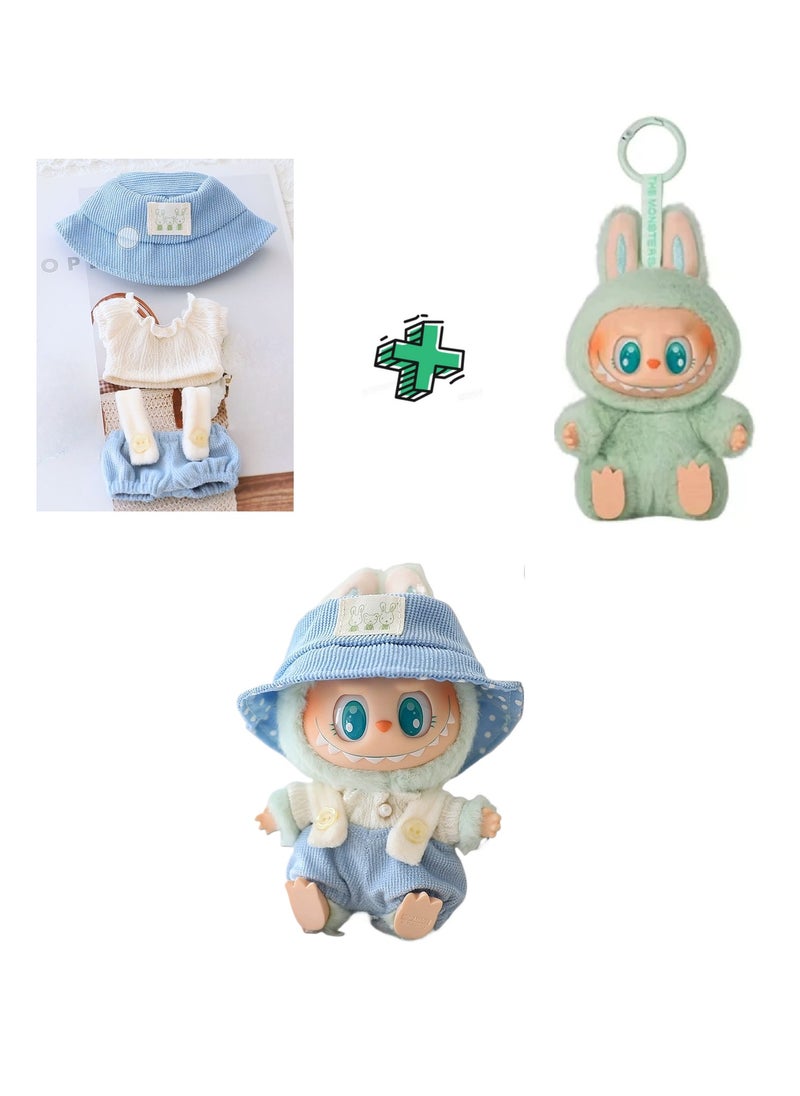 LABUBU Doll Second generation sitting Smile with 3 pieces of doll clothes Blue QUQU