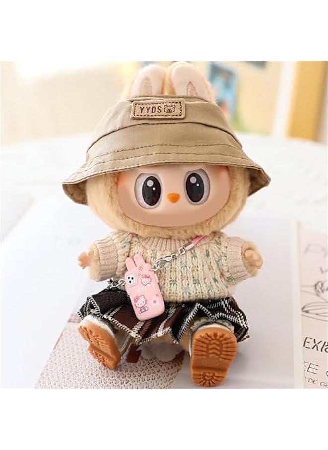 Clothes for Labubu Sweater Clothes Accessories(No Doll Only Clothes), Stylish Outfit Suitable for 6.69inch (17cm) Doll Soft Clothing Replacement (BrownA+hat+Dress+Mini Pendant+Shoes)