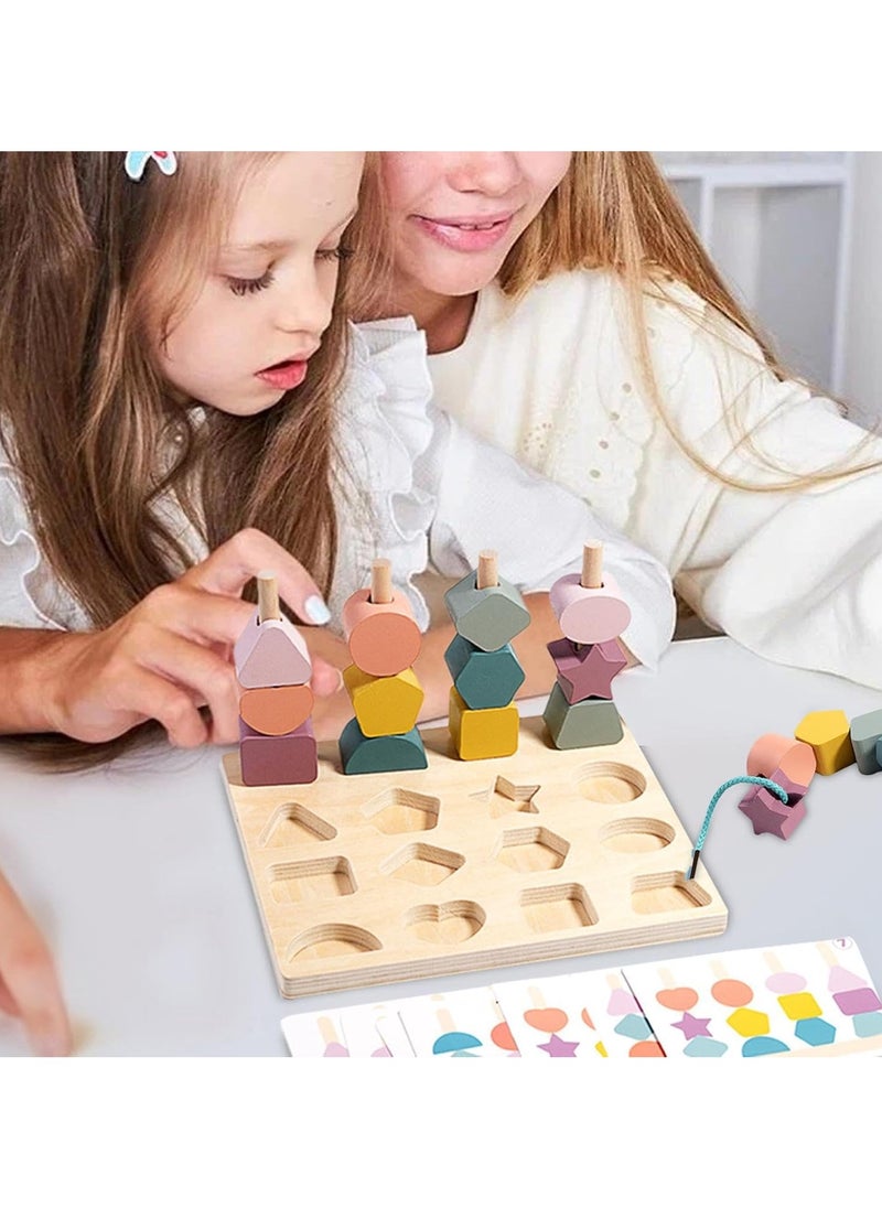 3 in 1 Wooden Color Sorting Stacking Toys, Montessori Wooden Beads Sequencing Toy Set, Montessori Stem Fine Motor Skills for Toddlers, Preschool Learning Montessori Toys Gifts for Kids