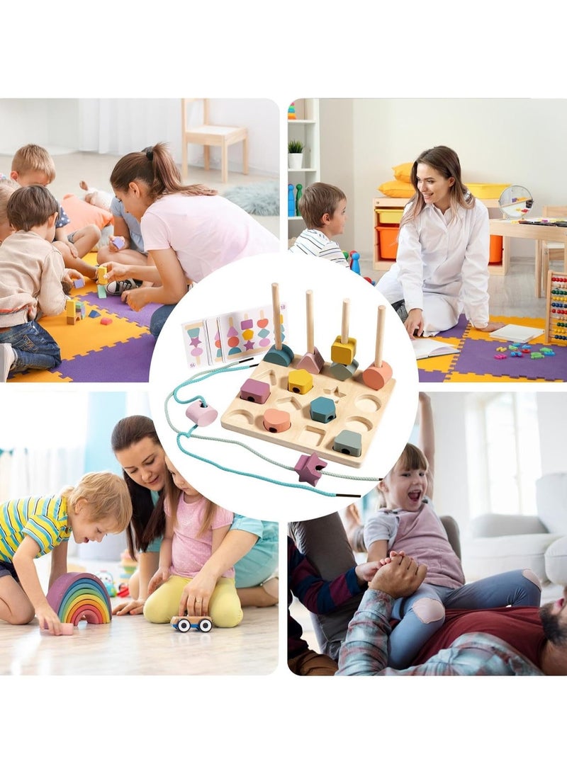 3 in 1 Wooden Color Sorting Stacking Toys, Montessori Wooden Beads Sequencing Toy Set, Montessori Stem Fine Motor Skills for Toddlers, Preschool Learning Montessori Toys Gifts for Kids