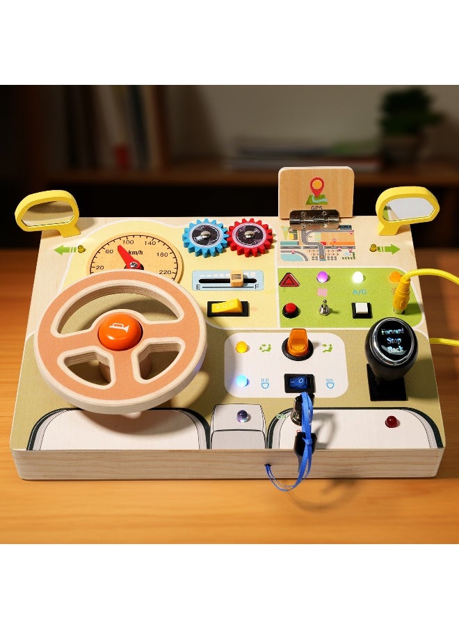 Montessori Toddler Busy Board for 3+ Year Old, Baby Wooden Busy Board with 8 LED Light Switches, Sensory Toys, Light Switch Toys, Travel Toys