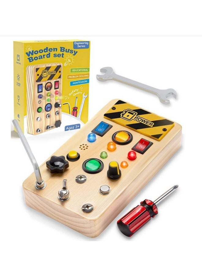 Montessori Toddler Busy Board for 3+ Year Old, Baby Wooden Busy Board with 8 LED Light Switches, Sensory Toys, Light Switch Toys, Travel Toys