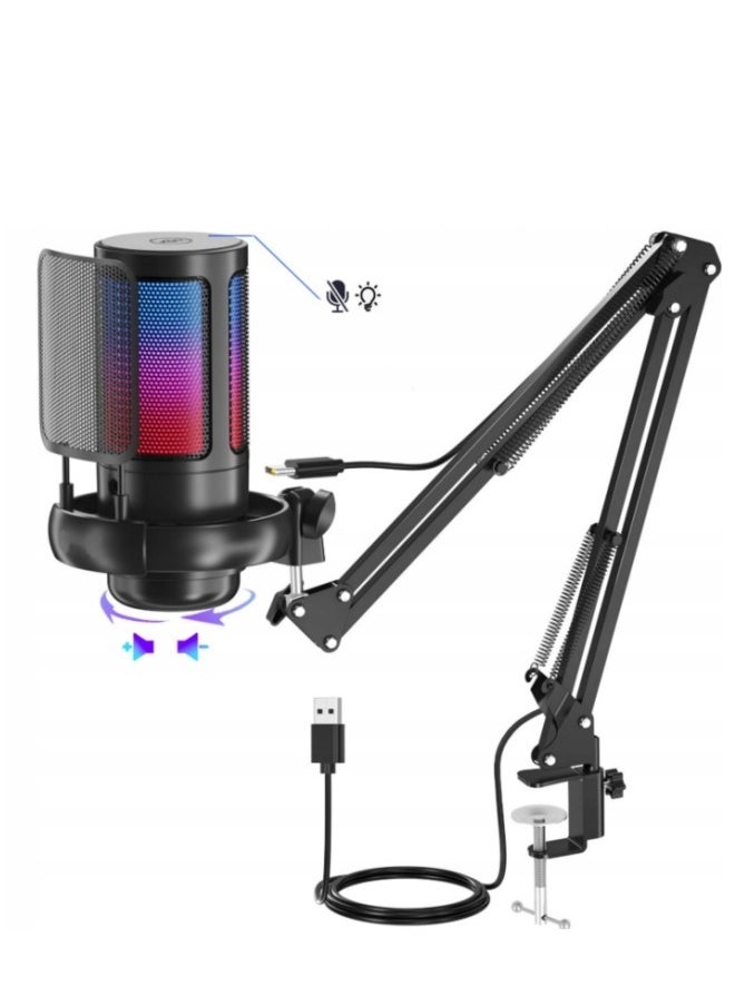 Gaming PC USB Microphone, Podcasting Condenser Microphone with Boom Arm, Pop Filter, Mute on for Streaming Online Chat, Computer Microphone for PC Gamers