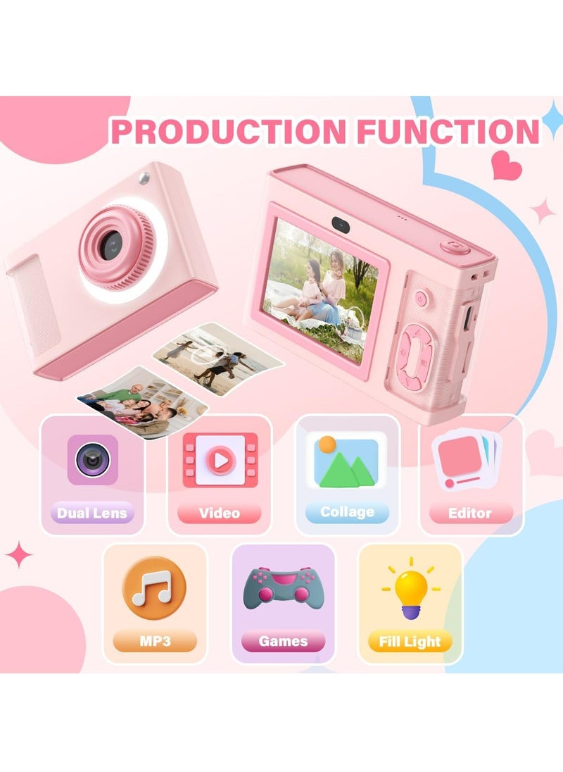 Kids Digital Camera with 32GB Card, 1080P Video, 4X Zoom, Anti-Shake, 2.4-Inch Screen, 32MP Compact Mini Point-and-Shoot, Perfect Gift for Teen Girls, Boys, and Adults - Pink.