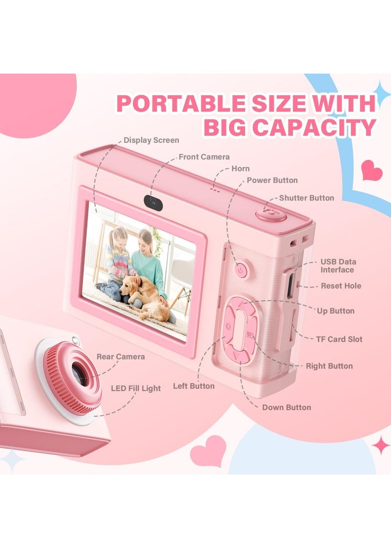 Kids Digital Camera with 32GB Card, 1080P Video, 4X Zoom, Anti-Shake, 2.4-Inch Screen, 32MP Compact Mini Point-and-Shoot, Perfect Gift for Teen Girls, Boys, and Adults - Pink.