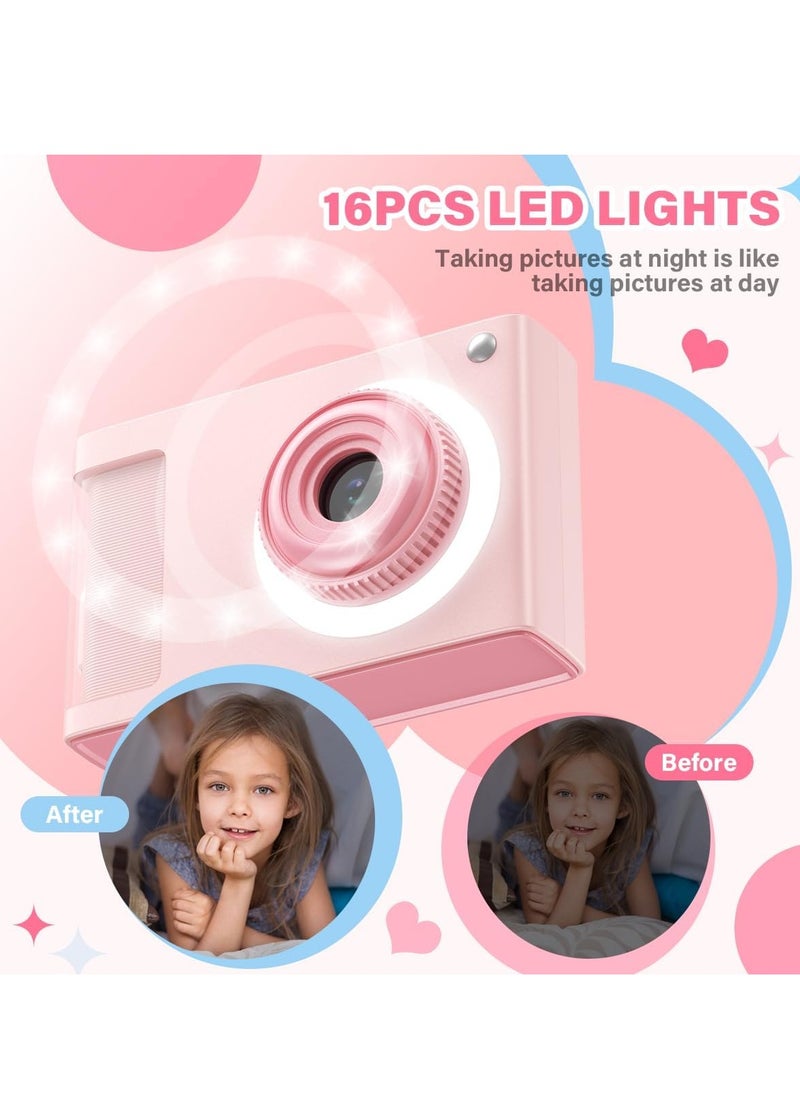 Kids Digital Camera with 32GB Card, 1080P Video, 4X Zoom, Anti-Shake, 2.4-Inch Screen, 32MP Compact Mini Point-and-Shoot, Perfect Gift for Teen Girls, Boys, and Adults - Pink.