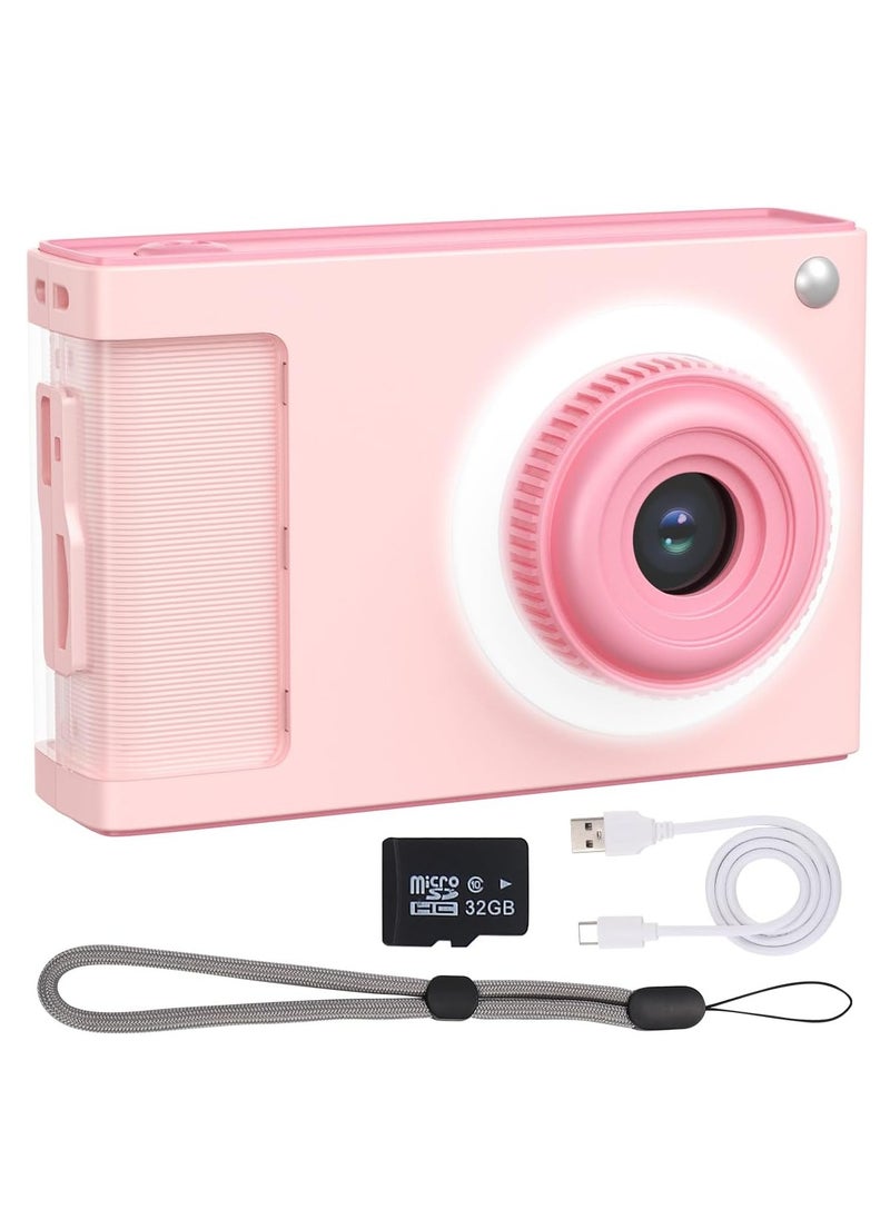 Kids Digital Camera with 32GB Card, 1080P Video, 4X Zoom, Anti-Shake, 2.4-Inch Screen, 32MP Compact Mini Point-and-Shoot, Perfect Gift for Teen Girls, Boys, and Adults - Pink.