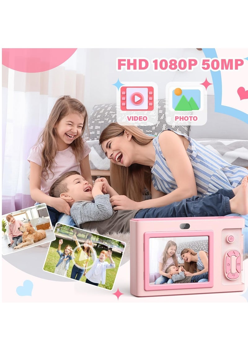 Kids Digital Camera with 32GB Card, 1080P Video, 4X Zoom, Anti-Shake, 2.4-Inch Screen, 32MP Compact Mini Point-and-Shoot, Perfect Gift for Teen Girls, Boys, and Adults - Pink.