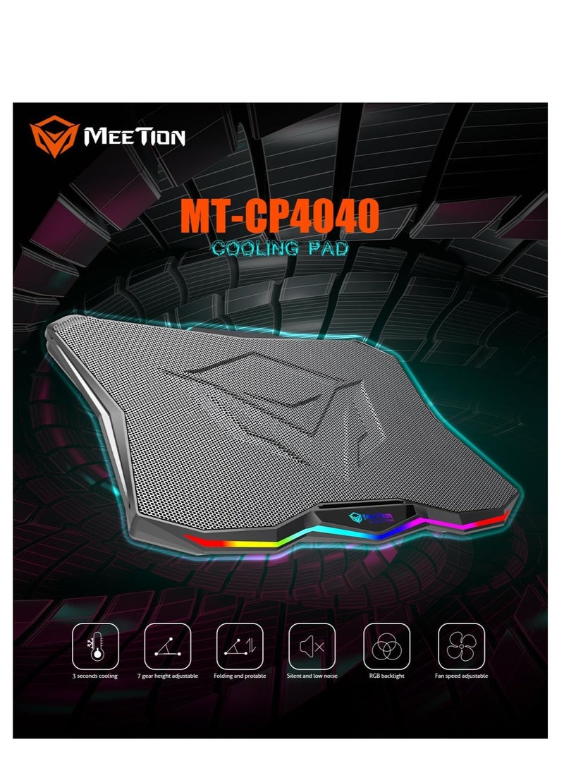 MEETION CP4040 Six Fans Laptop Gaming Air Cooling Pad, Adjustable Height Angle, 2USB Ports, RGB LED Illuminated Lightweight Quick Cooling Aluminum Alloy Grid with 45° Adjustable Stand (Black)
