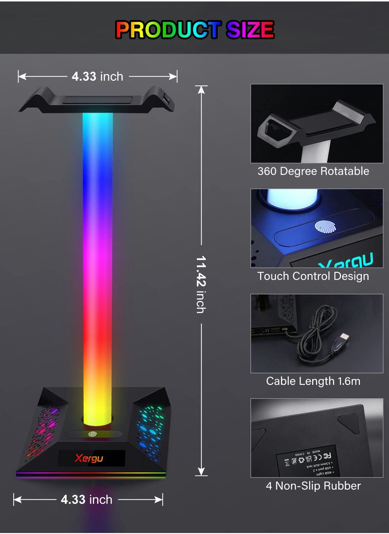 RGB Gaming Headphone Stand with 3.5mm AUX and 2 USB Ports, Perfect Headset Holder for Gamers and Desktop Accessories