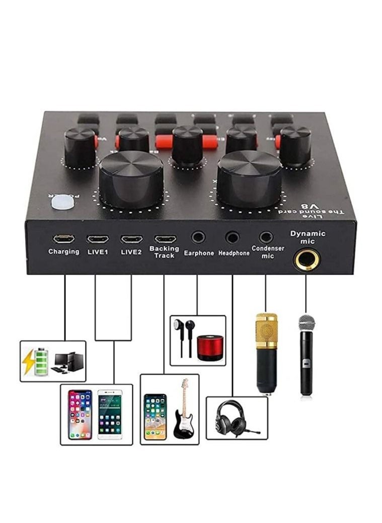 V8 Sound Card With Bm-800 Condenser Microphone Mic Kit with Live Sound Card, Adjustable Mic Suspension Scissor Arm, Metal Shock Mount and Double-Layer