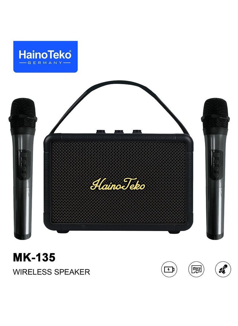 MK-135 Portable Wireless Speaker with Dual Microphones – Bluetooth Speaker System for Indoor & Outdoor Use, Powerful Sound, Built-In Battery, Ideal for Parties, Karaoke & Events