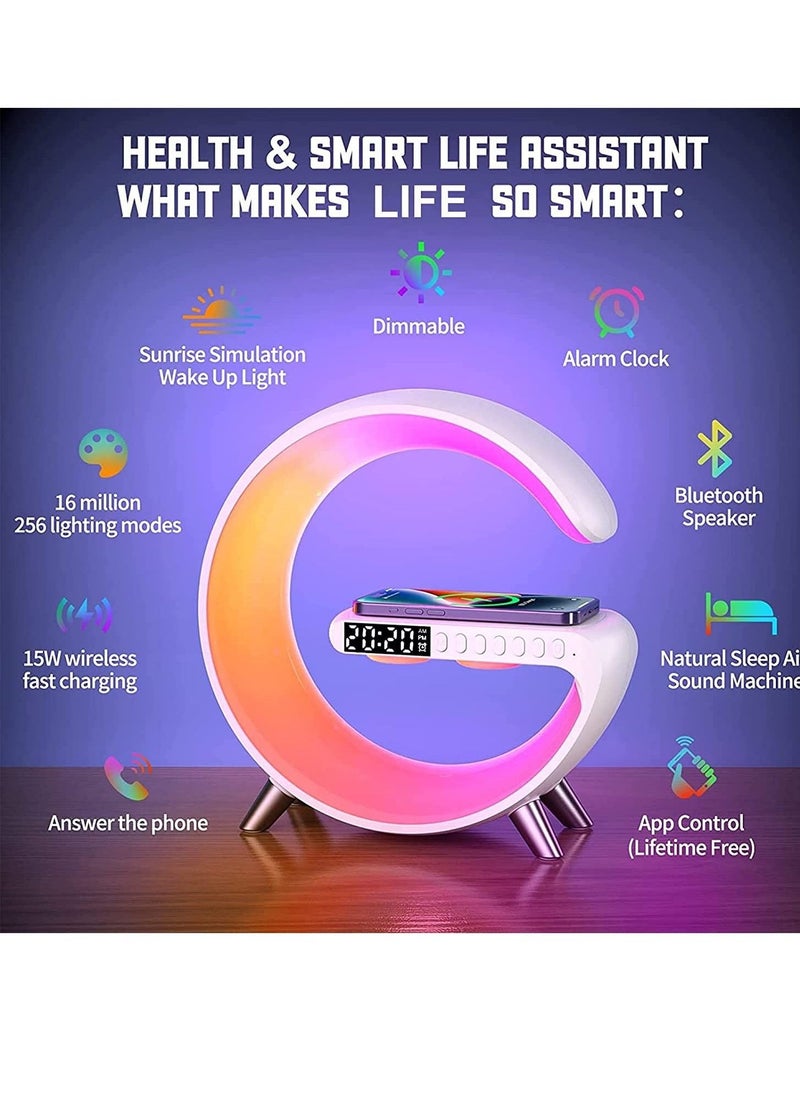 RGB Atmosphere Lamp,Color Changing Mood Light with Wireless Charger,15W LED Bedside lamp with Time Display, Dimmable Night Light with Alarm Clock, Bluetooth Speaker and APP Control for Bedroom