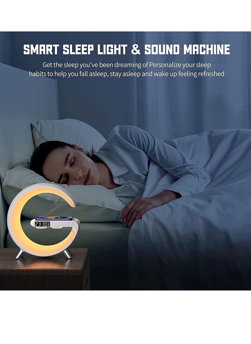 RGB Atmosphere Lamp,Color Changing Mood Light with Wireless Charger,15W LED Bedside lamp with Time Display, Dimmable Night Light with Alarm Clock, Bluetooth Speaker and APP Control for Bedroom