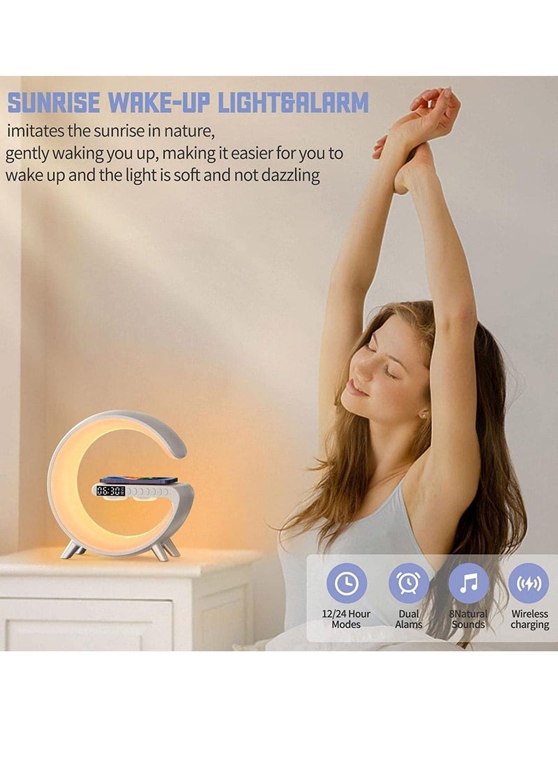 RGB Atmosphere Lamp,Color Changing Mood Light with Wireless Charger,15W LED Bedside lamp with Time Display, Dimmable Night Light with Alarm Clock, Bluetooth Speaker and APP Control for Bedroom