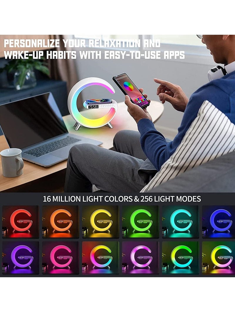 RGB Atmosphere Lamp,Color Changing Mood Light with Wireless Charger,15W LED Bedside lamp with Time Display, Dimmable Night Light with Alarm Clock, Bluetooth Speaker and APP Control for Bedroom