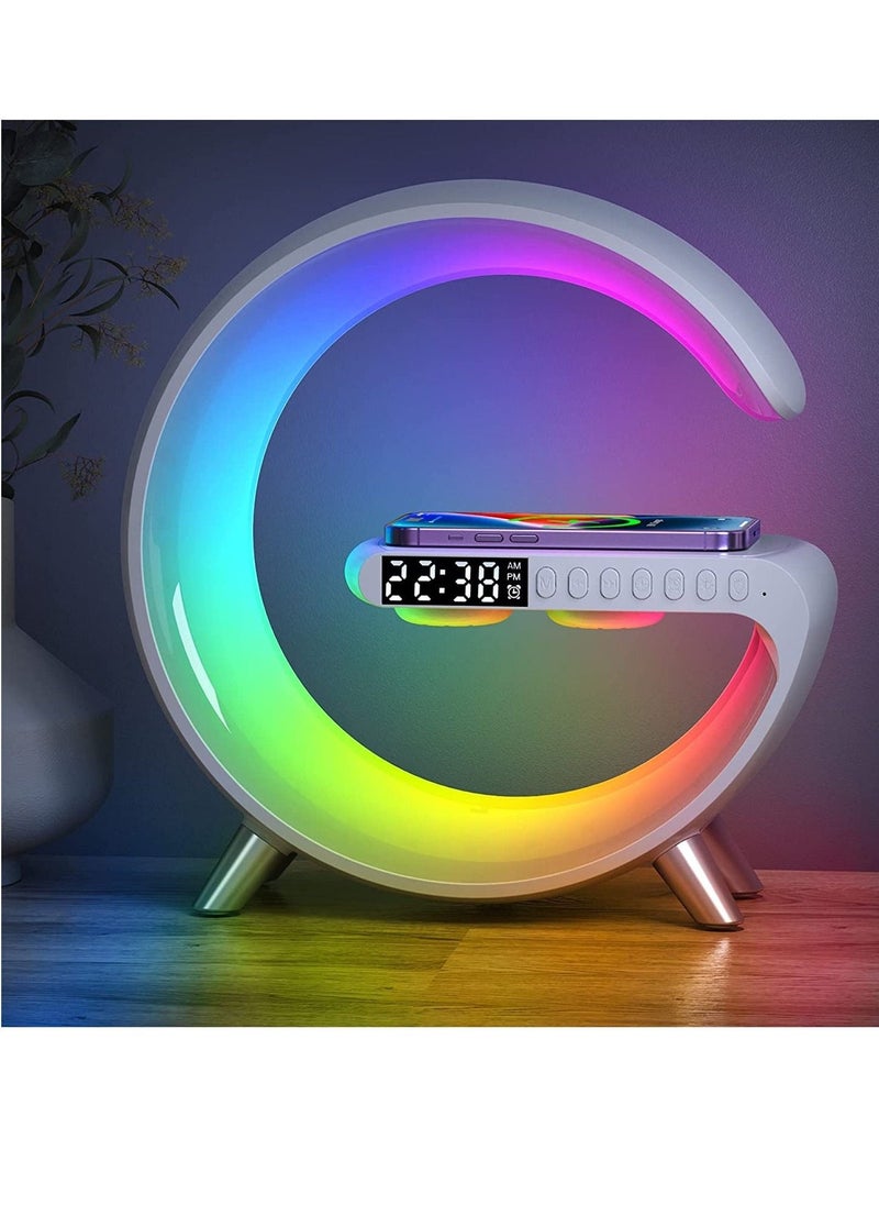 RGB Atmosphere Lamp,Color Changing Mood Light with Wireless Charger,15W LED Bedside lamp with Time Display, Dimmable Night Light with Alarm Clock, Bluetooth Speaker and APP Control for Bedroom