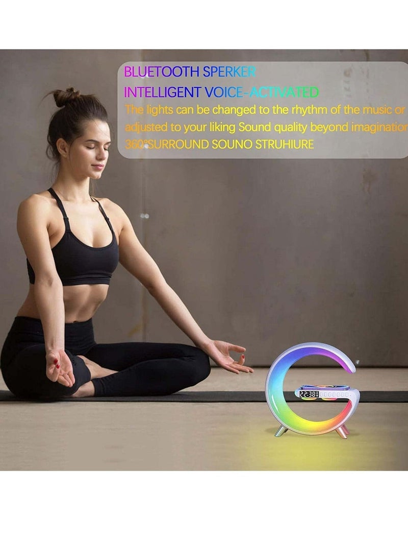 RGB Atmosphere Lamp,Color Changing Mood Light with Wireless Charger,15W LED Bedside lamp with Time Display, Dimmable Night Light with Alarm Clock, Bluetooth Speaker and APP Control for Bedroom