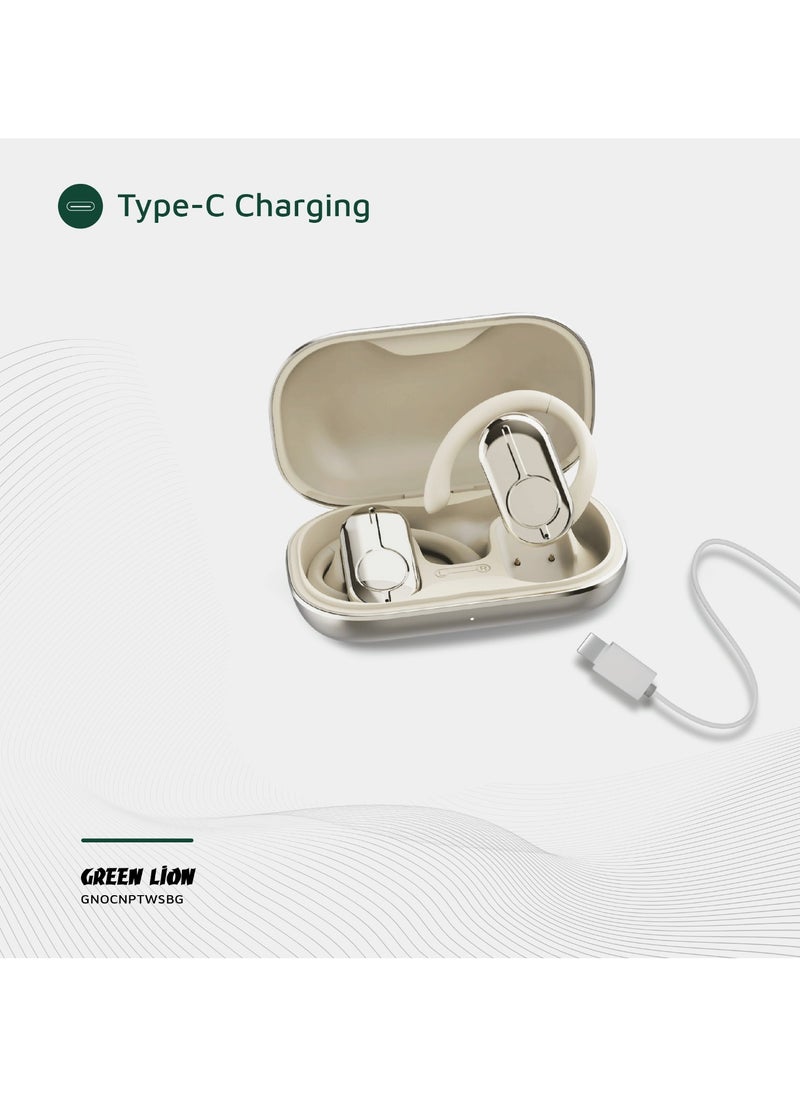 Ocean Plus Open Ear Waterproof Headphones / 135° Free Rotation / Wireless Earbuds / Touch Control / Type-C Charging / 6 hrs Playtime / Hands-Free / Headphones for Gaming with Voice Assistant - Beige