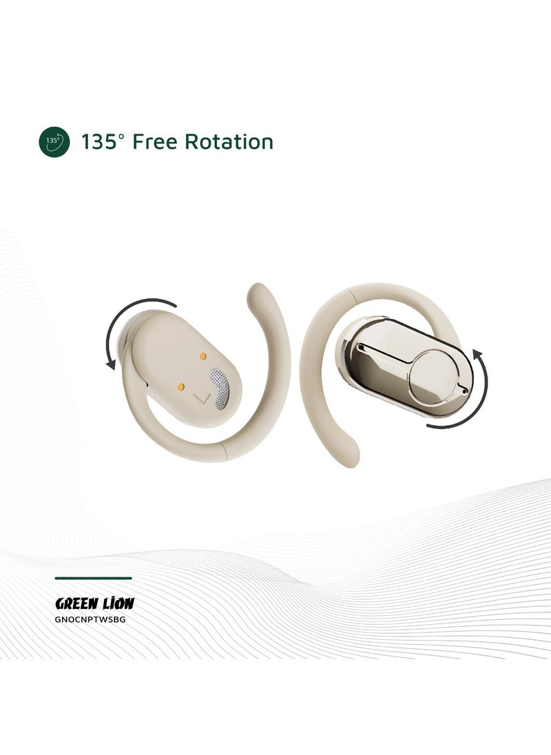 Ocean Plus Open Ear Waterproof Headphones / 135° Free Rotation / Wireless Earbuds / Touch Control / Type-C Charging / 6 hrs Playtime / Hands-Free / Headphones for Gaming with Voice Assistant - Beige