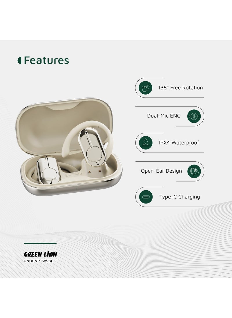 Ocean Plus Open Ear Waterproof Headphones / 135° Free Rotation / Wireless Earbuds / Touch Control / Type-C Charging / 6 hrs Playtime / Hands-Free / Headphones for Gaming with Voice Assistant - Beige